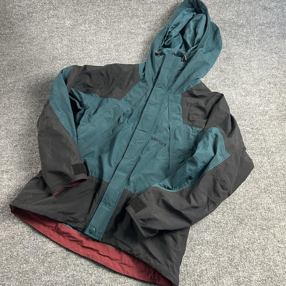Marmot Ski Jacket Mens Small Green Black Hooded Colorblock Winter Snow Coat